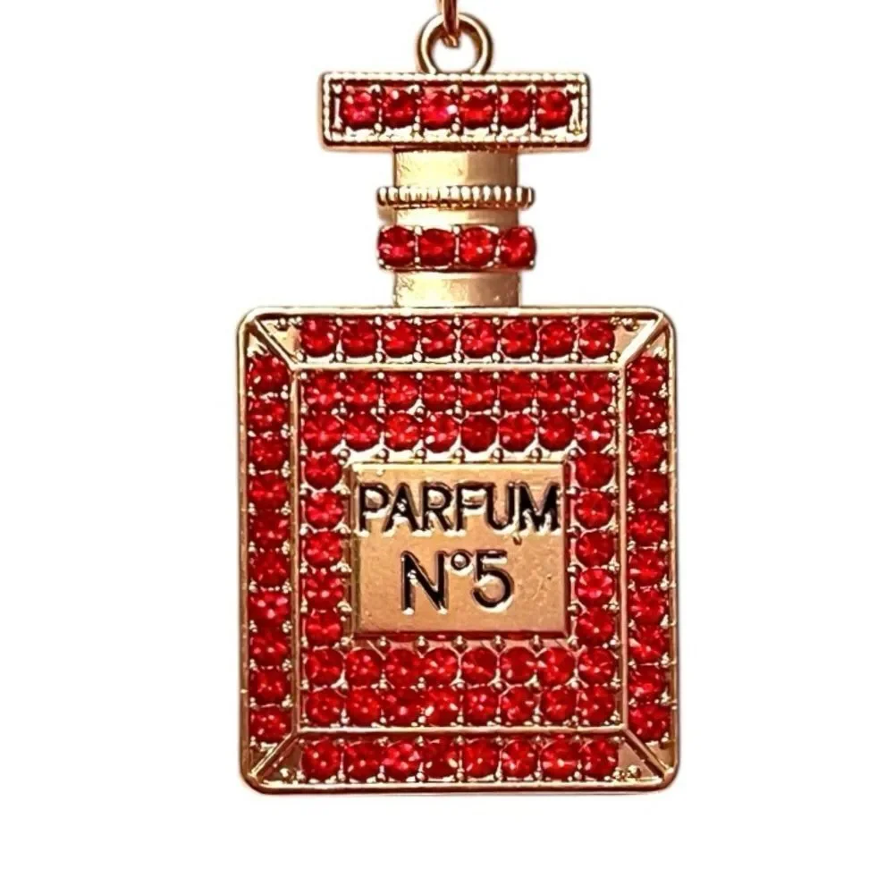 Red Crystal Parfum No.5 Perfume Bottle Gold Keychain